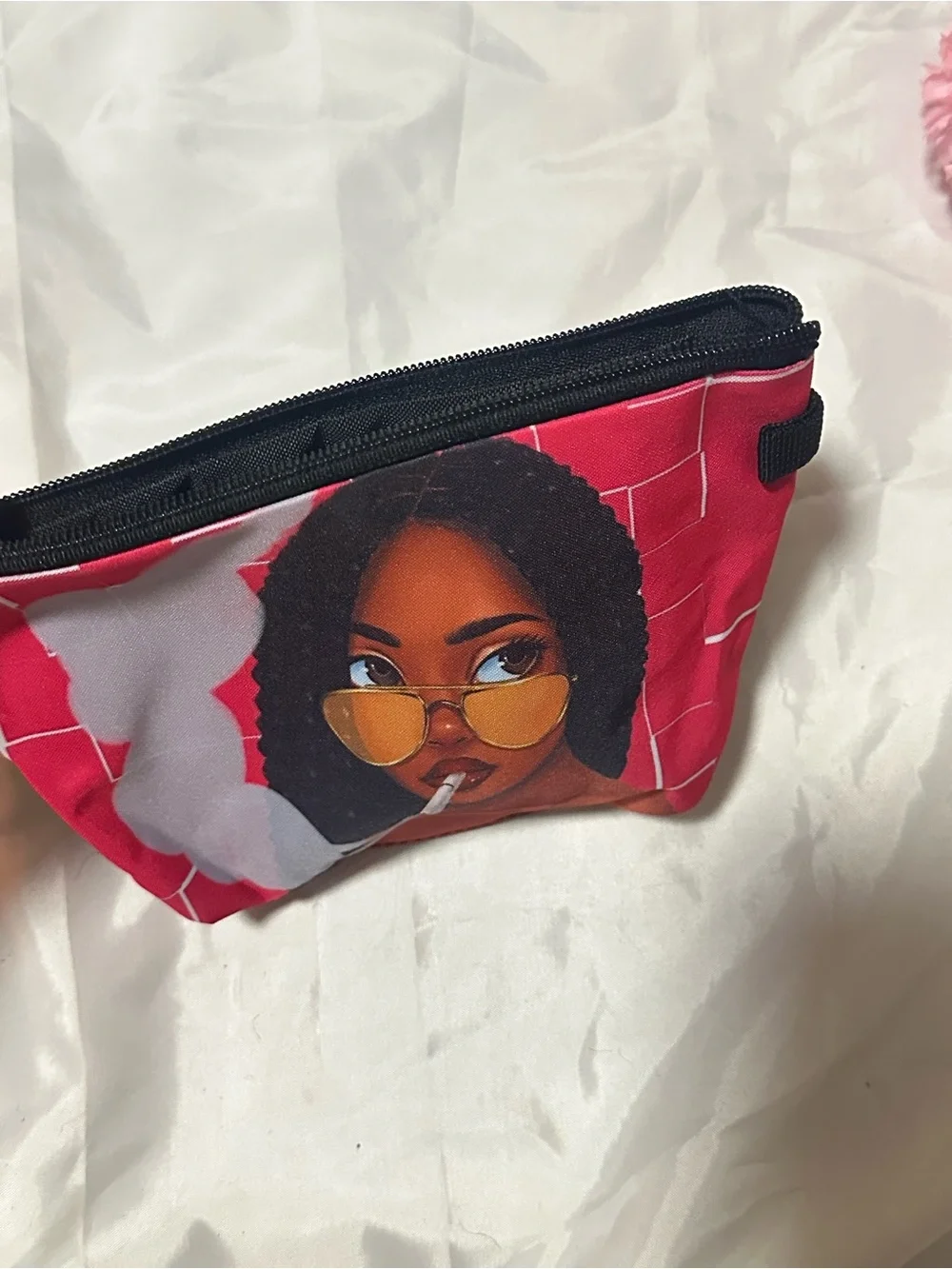 Stylish Pink Graphic Cosmetic Pouch with Sunglasses Illustration